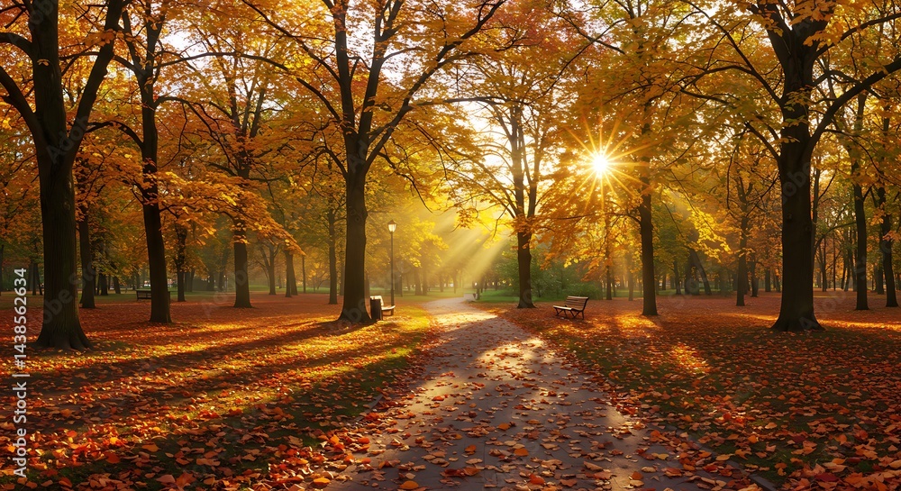 Fototapeta premium Autumn sunlight filters through trees in park with pathway and benches