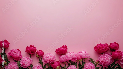 Tightly clustered pink peonies along the bottom edge of a soft pink background, open breathing space above for elegant text, lush and luxurious spring scene,