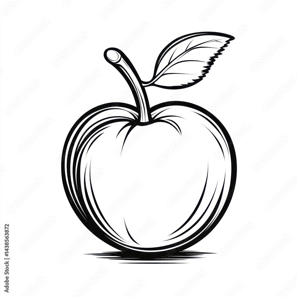 Line art drawing of a single apple with leaf and stem. (1) Line art drawing of a single apple with leaf and stem. (1)