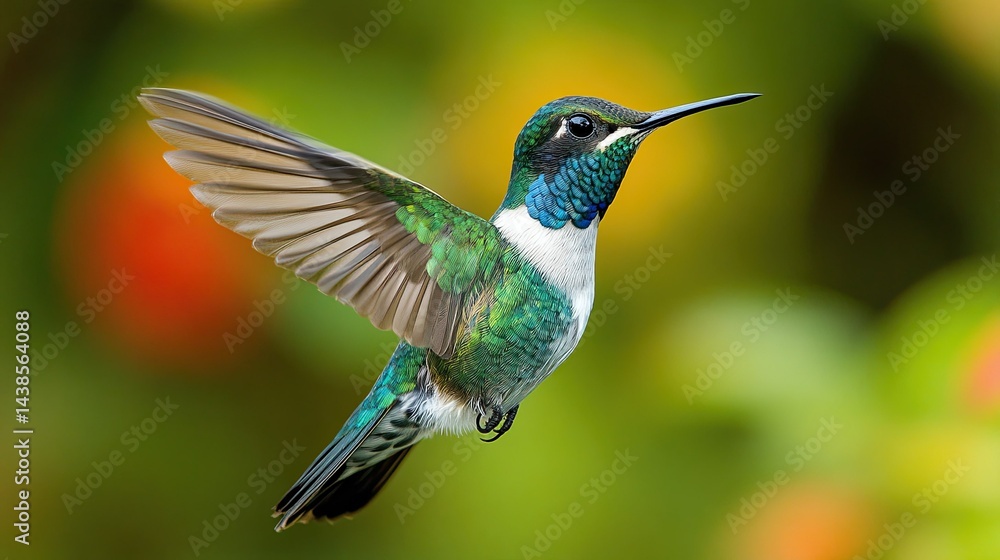 Naklejka premium Hummingbird hovering mid-flight near flowers for nature photography, pollination, and vibrant wildlife visuals.