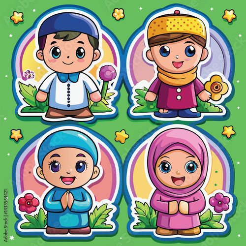 Cartoon Muslim Children in Prayerful Poses
