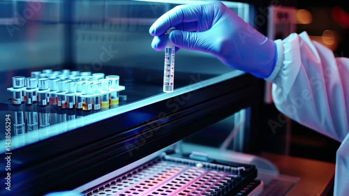 Laboratory technician analyzing samples with a syringe in a high-tech research facility environment at night in 4k resolution