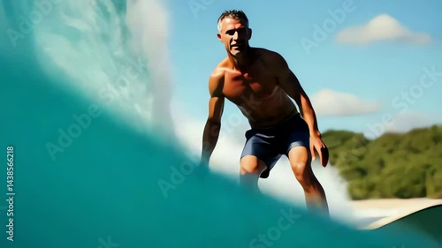 A male surfer captured mid-action as he rides a powerful wave, showing focus, skill, and connection to nature.