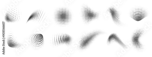 Dotted shape. Abstract halftone dot pattern with wavy half tone gradient shapes, dotted texture curves and smooth dot wave elements on white background. Vector set