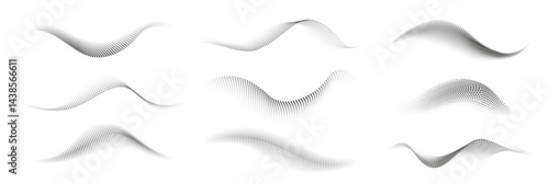 Dotted halftone waves. Twisted wavy line with dotted point texture and halftone gradient wave flow. Vector set