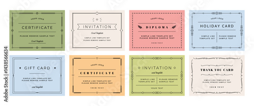 Line simple frames. Minimalist certificate template in classic elegance style, simple ornament on borders, gift card and diploma, invitation modern design. Vector set