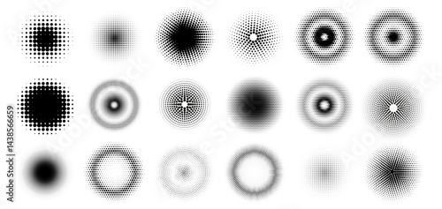Halftone radial gradient. Abstract halftone dot pattern with circular radial gradient effect, comic style round frames and textured background elements. Vector set