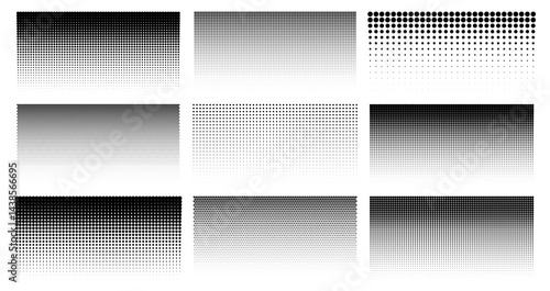 Halftone gradient. Abstract halftone dot gradient backgrounds with smooth dot pattern texture, retro pop art polka dotted elements and modern raster effect. Vector textures