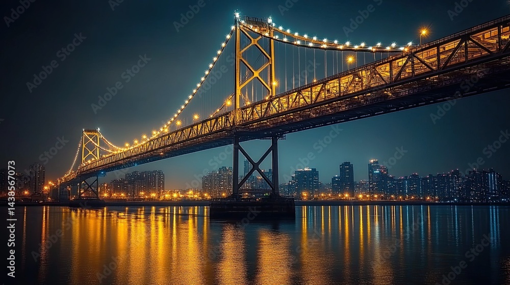 Fototapeta premium Majestic bridge spanning a river with innovative design and dramatic lighting for engineering, travel, and architectural themes
