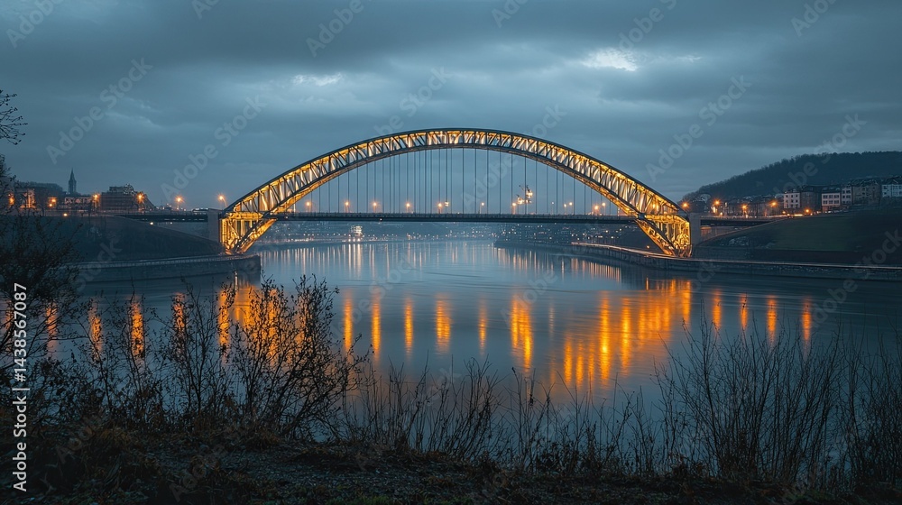 Naklejka premium Majestic bridge spanning a river with innovative design and dramatic lighting for engineering, travel, and architectural themes