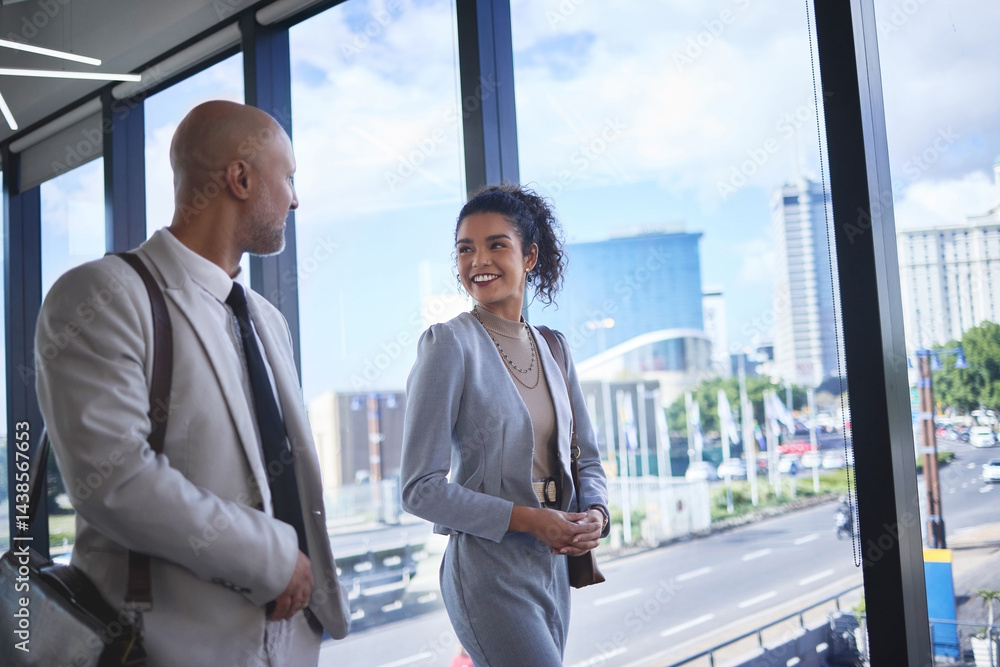 Fototapeta premium Collaboration, smile and walking with corporate people in airport together for international travel. Business, conversation or teamwork with man and woman employee on bridge in terminal for flight