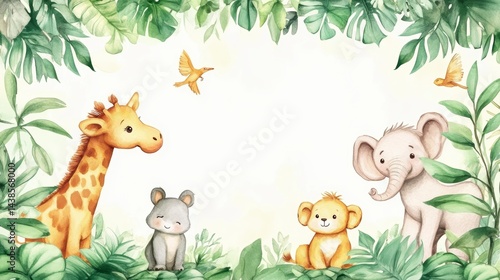 Cute cartoon safari animals framed by lush green tropical leaves on white background.