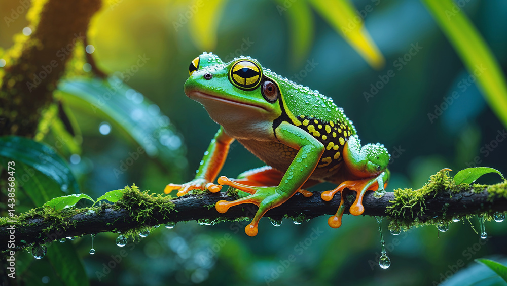 Obraz premium A vibrant green frog sits poised on a mossy branch, ready to leap