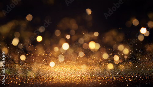 golden dust shimmering defocused bokeh glowing gold glitter particles abstract background warn festive overlay