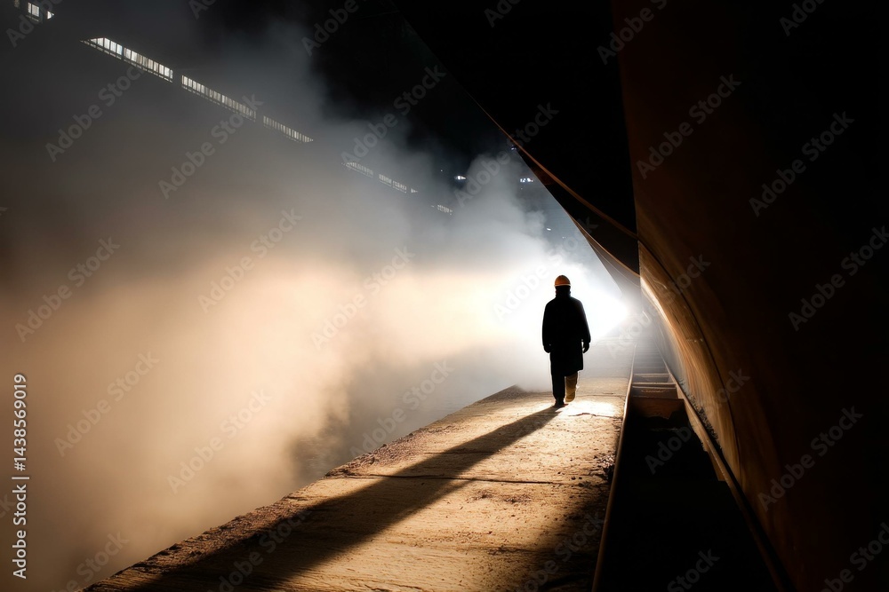Fototapeta premium Silhouette of worker with safety helmet walking through fog inside a factory building for industry concept