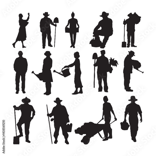 Set of gardeners vegetable growers black silhouettes