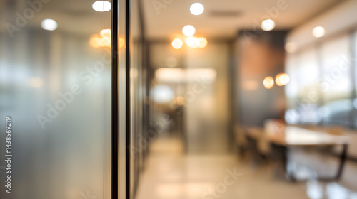 Blurred office interior with glass door modern workspace business environment focused perspective