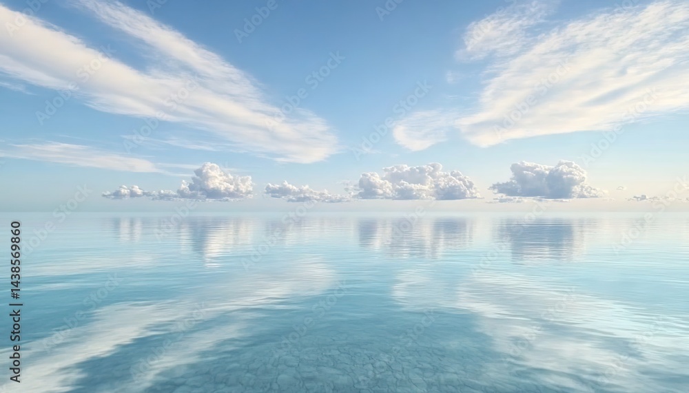 Fototapeta premium Calm blue sea mirroring sky with white clouds