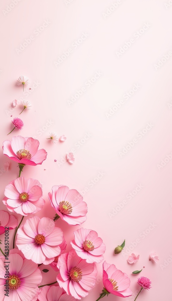 Fototapeta premium Delicate Pink Cosmos Flowers on Pastel Background: A Springtime Floral Delight