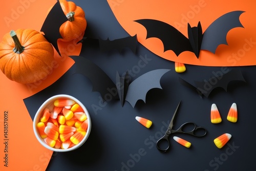 Colorful Halloween decorations with pumpkins bats and candy on orange background