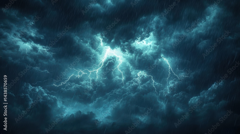 A dramatic thunderstorm background with dark clouds, lightning bolts, and heavy rain A dramatic thunderstorm background with dark clouds, lightning bolts, and heavy rain