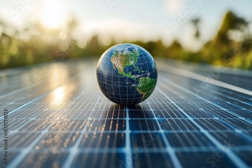 Green globe resting on a solar panel symbolizing renewable energy and global sustainability