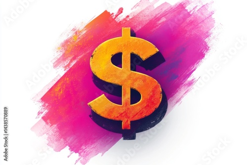 Golden dollar symbol painted on vibrant pink brushstroke background isolated on white
