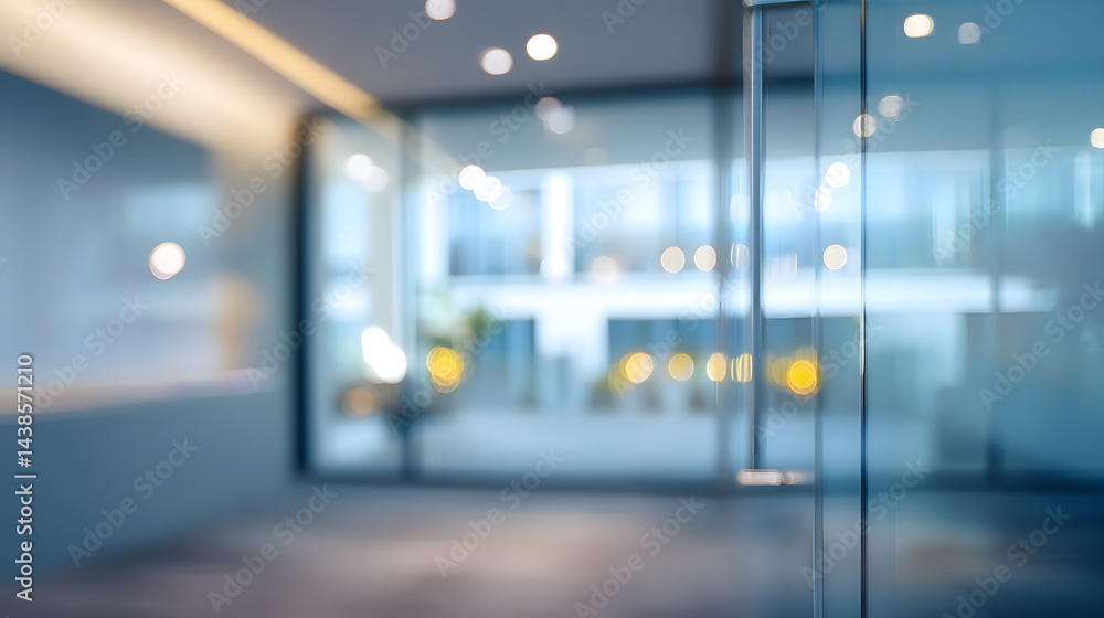 Obraz premium Dynamic blurred office interior scene with doorway modern workspace soft lighting professional atmosphere