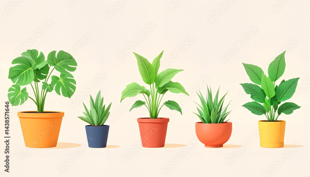 Colorful potted plants arranged in a row on a light background Colorful potted plants arranged in a row on a light background