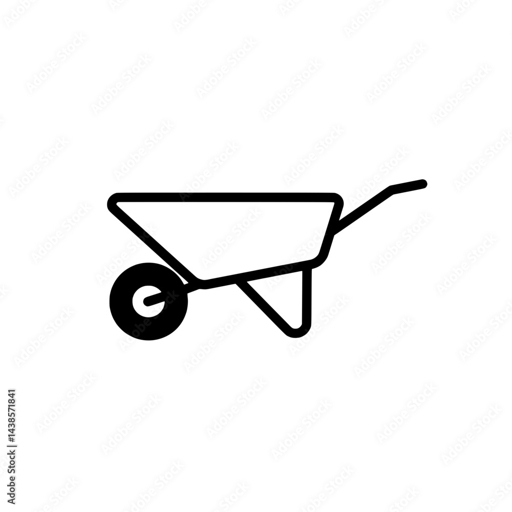 Wheelbarrow Silhouette: A minimalist yet functional silhouette of a classic wheelbarrow, perfect for gardening, construction, and conveying a sense of industry and labor. Wheelbarrow Silhouette: A minimalist yet functional silhouette of a classic wheelbarrow, perfect for gardening, construction, and conveying a sense of industry and labor.