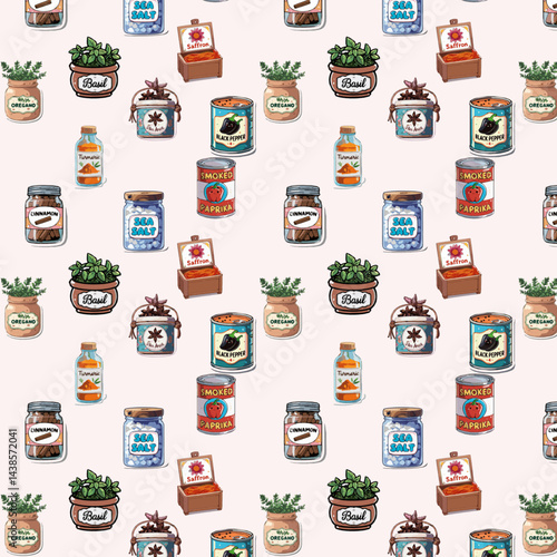A background of illustrated spice jars and containers including turmeric, sea salt, smoked paprika, cinnamon, basil, saffron, star anise, black pepper and oregano.