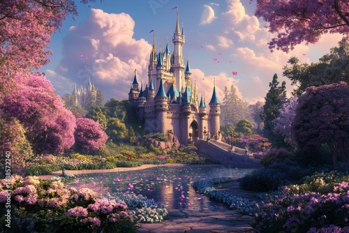 Magical castle with spring blossoms