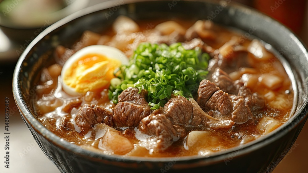 Ramen noodles with beef tongue, mushrooms, and Ajitama pickled egg in broth, served in a bowl for a rich, savory mea Ramen noodles with beef tongue, mushrooms, and Ajitama pickled egg in broth, served in a bowl for a rich, savory mea