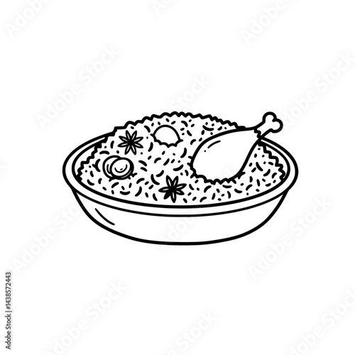 Rice and Chicken Bowl: A detailed line art illustration captures a flavorful chicken biryani. The image showcases a bowl of fluffy rice, infused with spices, and adorned with a chicken leg. 