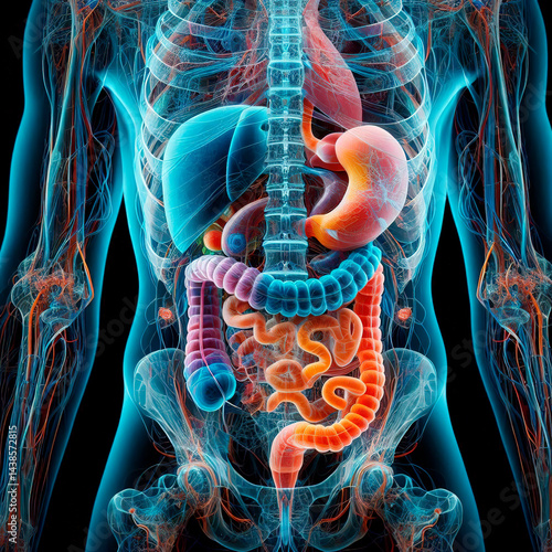 X-ray of a human body, with details of organs and arteries in full color