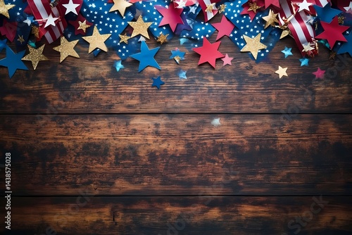 Festive Fourth of July stars and stripes celebration decorations on rustic dark brown wood background perfect for patriotic holiday design projects warm inviting