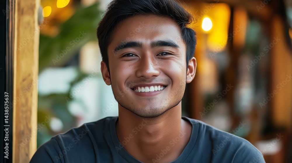 Portrait of a 20-Year-Old Indonesian Man Smiling Outdoors in Casual Attire with Warm Lighting and a Relaxed Ambience Portrait of a 20-Year-Old Indonesian Man Smiling Outdoors in Casual Attire with Warm Lighting and a Relaxed Ambience