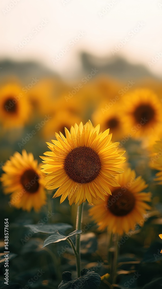 Fototapeta premium Sunflower Field Basking in Bright Afternoon Light with Soft Blur for Depth