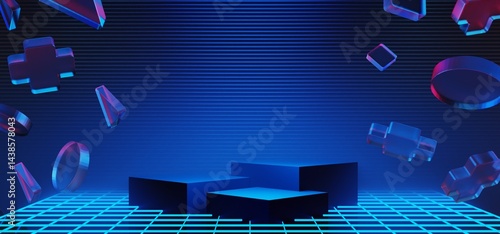 3d illustration rendering of y2k 2000s gamer technology futuristic fantasy metaverse cyberpunk sci-fi display podium abstract background neon-glow