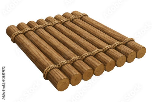 Simple wooden raft logs bound with rope isolated transparent background