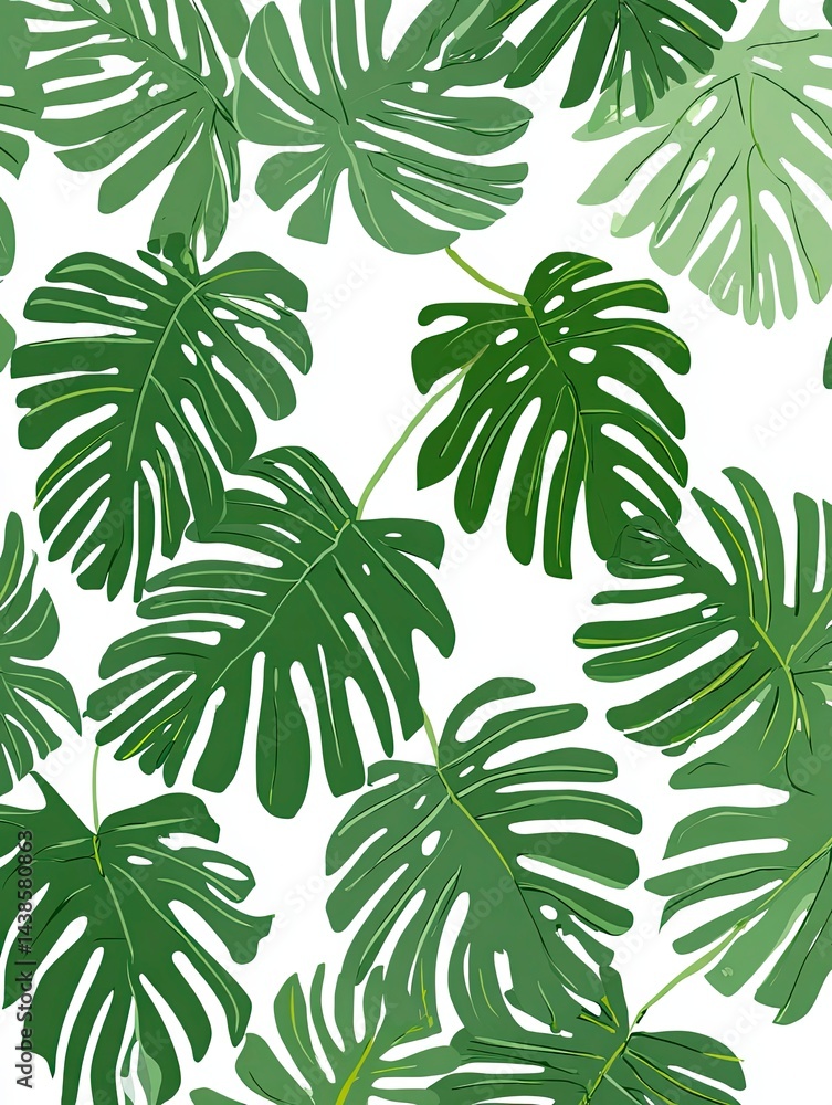 Fototapeta premium Illustrated monstera leaves arranged on pristine white background in bold tropical style bold ultrafine