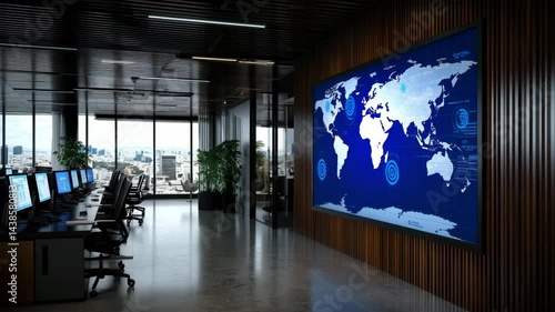 Inside a contemporary office, multiple computer stations face a striking world map mounted on the wall. The space highlights modern design and city views from the windows.