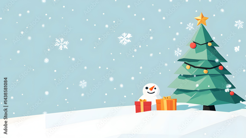 Obraz premium christmas, snowman, snow, winter, tree, holiday, hat, snowflake, xmas, illustration, vector, card, celebration, cold, decoration, cartoon, season, gift, star, scarf, new, new year, december, year, car
