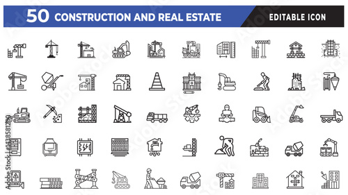 Construction and Real Estate Icons related to Property Development, Housing Project, Construction Site, Building Progress, Land Development, House Planning, Apartment, Architecture, Housing Expansion 
