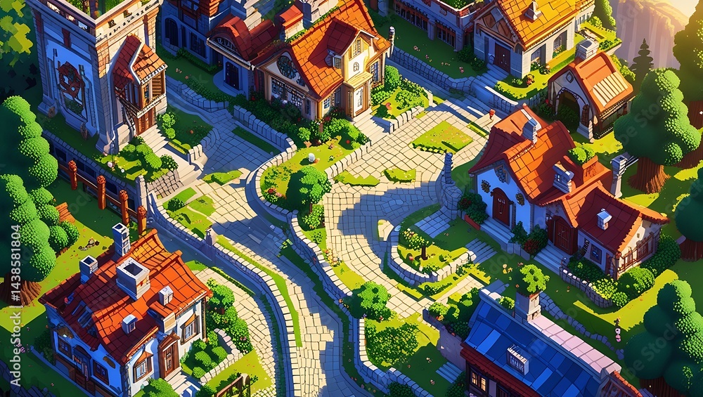Fototapeta premium Charming Pixel Art Village Overhead View – Vibrant, Ultra-High-Resolution Illustration