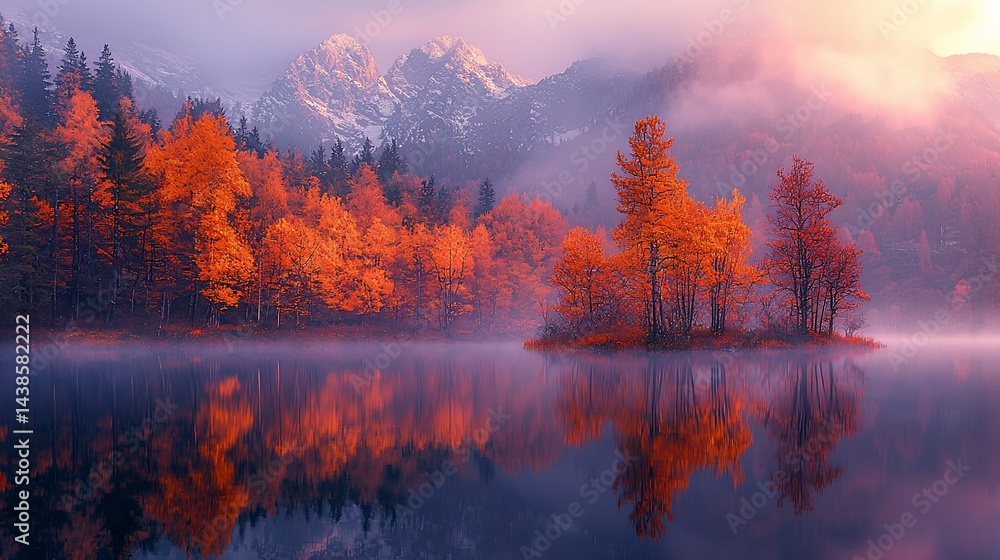 Autumn sunrise, mountain lake reflection, misty forest Autumn sunrise, mountain lake reflection, misty forest