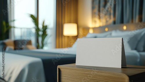 Wallpaper Mural Minimalist white greeting card lying near vintage lamp on rustic wooden nightstand in contemporary hotel bedroom setting Torontodigital.ca