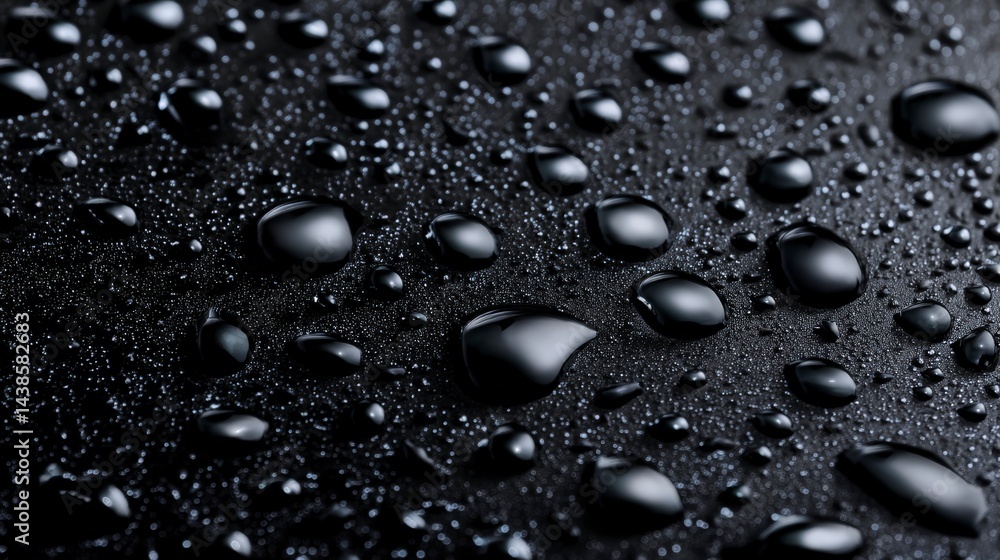 Reflective water droplets scattered on ebony plane sparkling with highlights bold ultrafine Reflective water droplets scattered on ebony plane sparkling with highlights bold ultrafine
