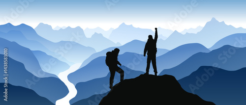 Beautiful blue vector landscape with hikers on top of mountain doing victory pose and  looking at curvy river meandering in mountains. Achieving goals.