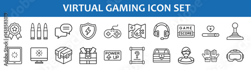Virtual gaming icon set vector illustration with joystick headset map and game score icons vector